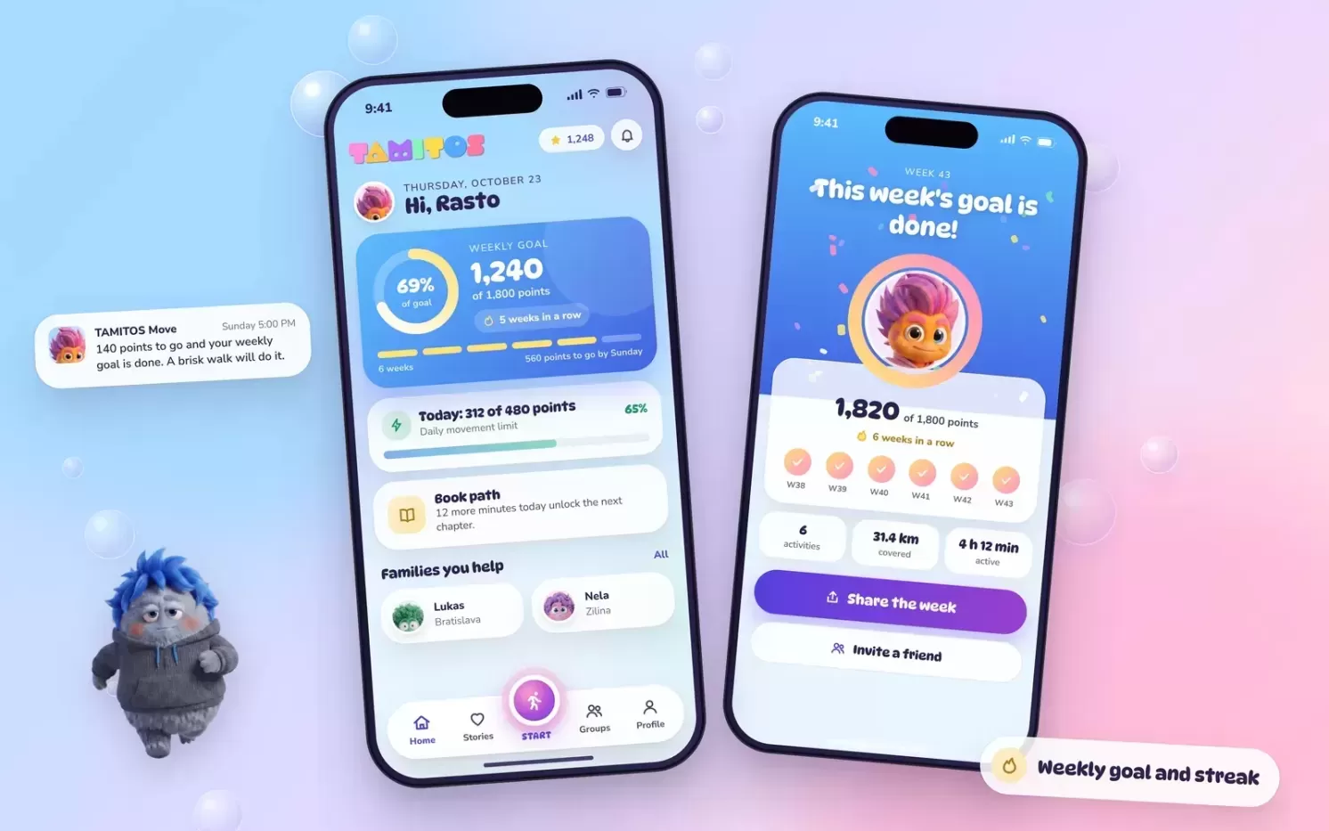 Weekly goal ring on the TAMITOS Move home screen with a six-week streak and today's movement points.