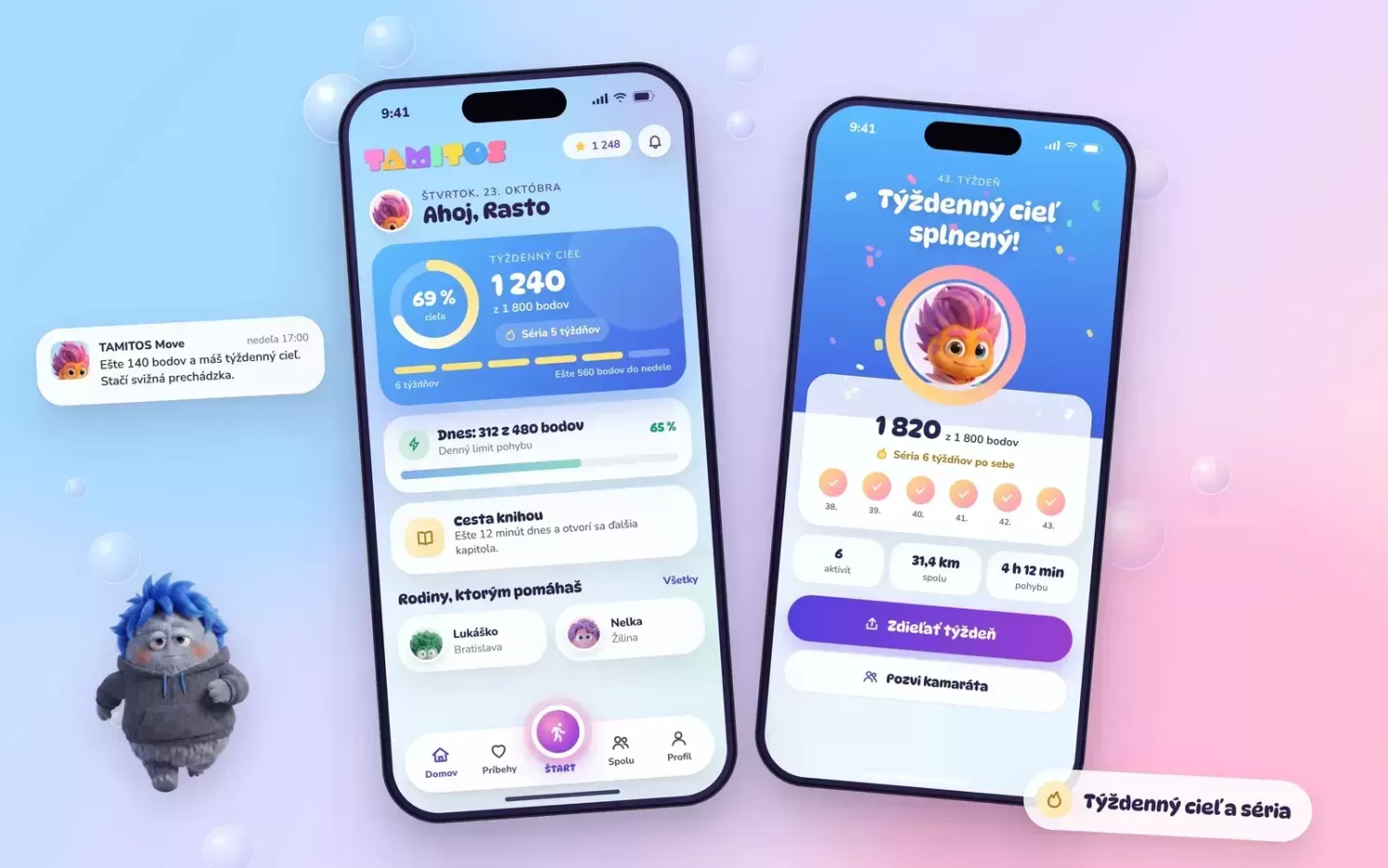 Weekly goal ring on the TAMITOS Move home screen with a six-week streak and today's movement points.