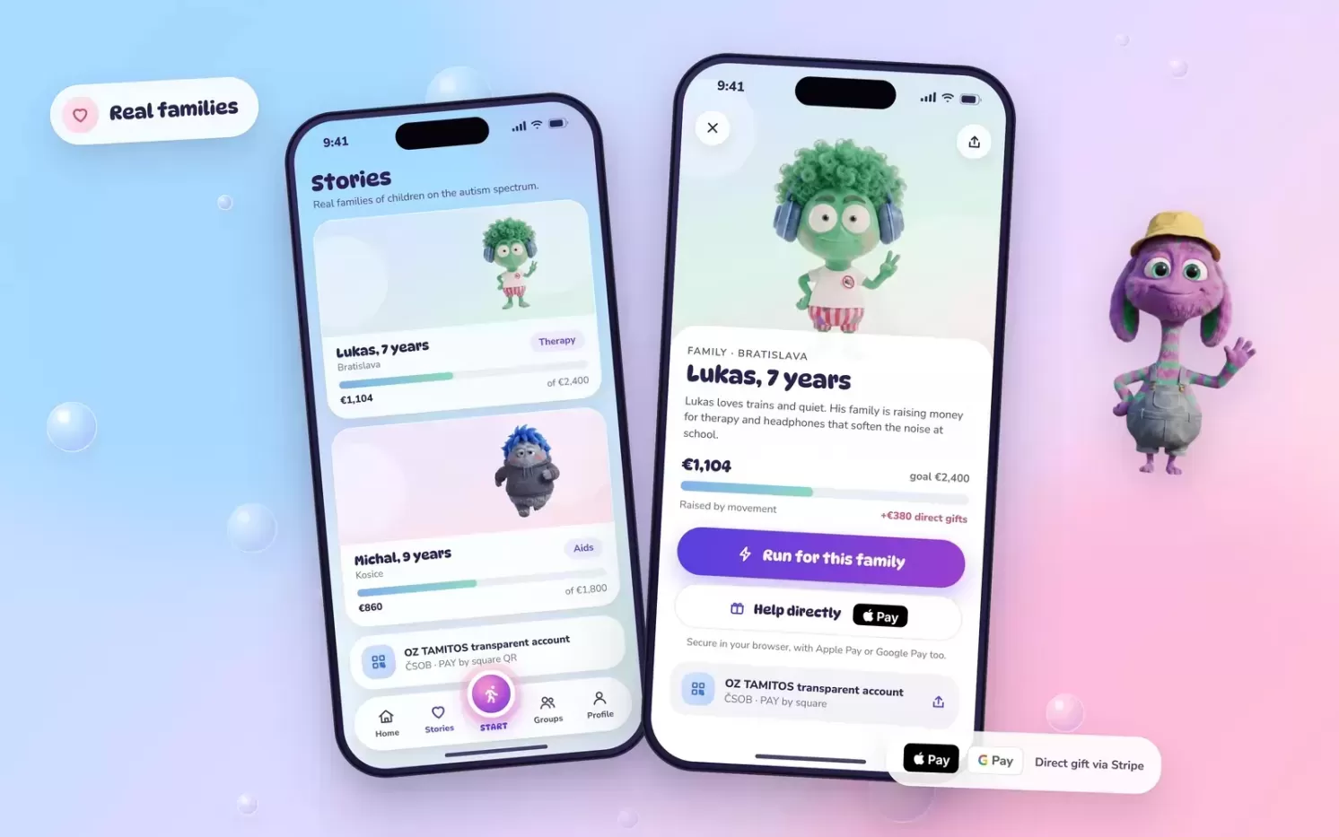 TAMITOS Move Stories tab with a card for a family of a child on the autism spectrum, showing a photo, support goal, progress bar and a Give directly button.