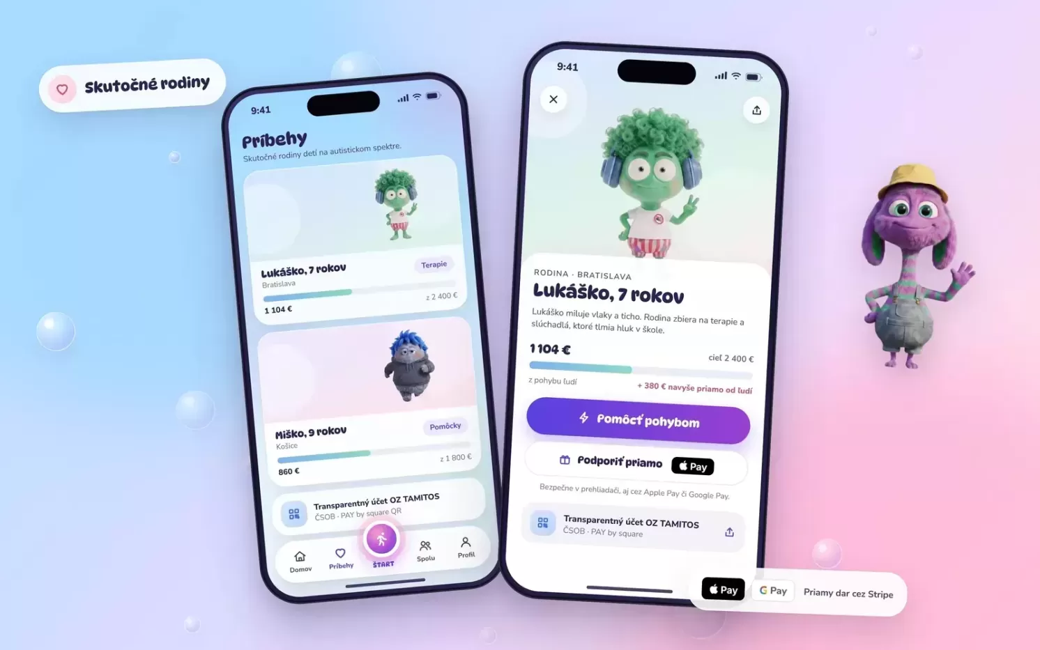 TAMITOS Move Stories tab with a card for a family of a child on the autism spectrum, showing a photo, support goal, progress bar and a Give directly button.